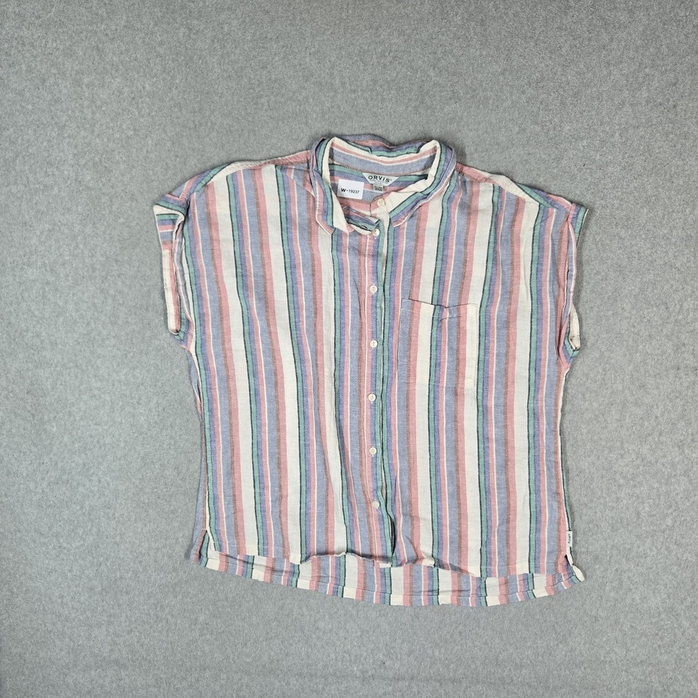 Orvis Women Button Up Shirt XL Pink Striped Collared Front